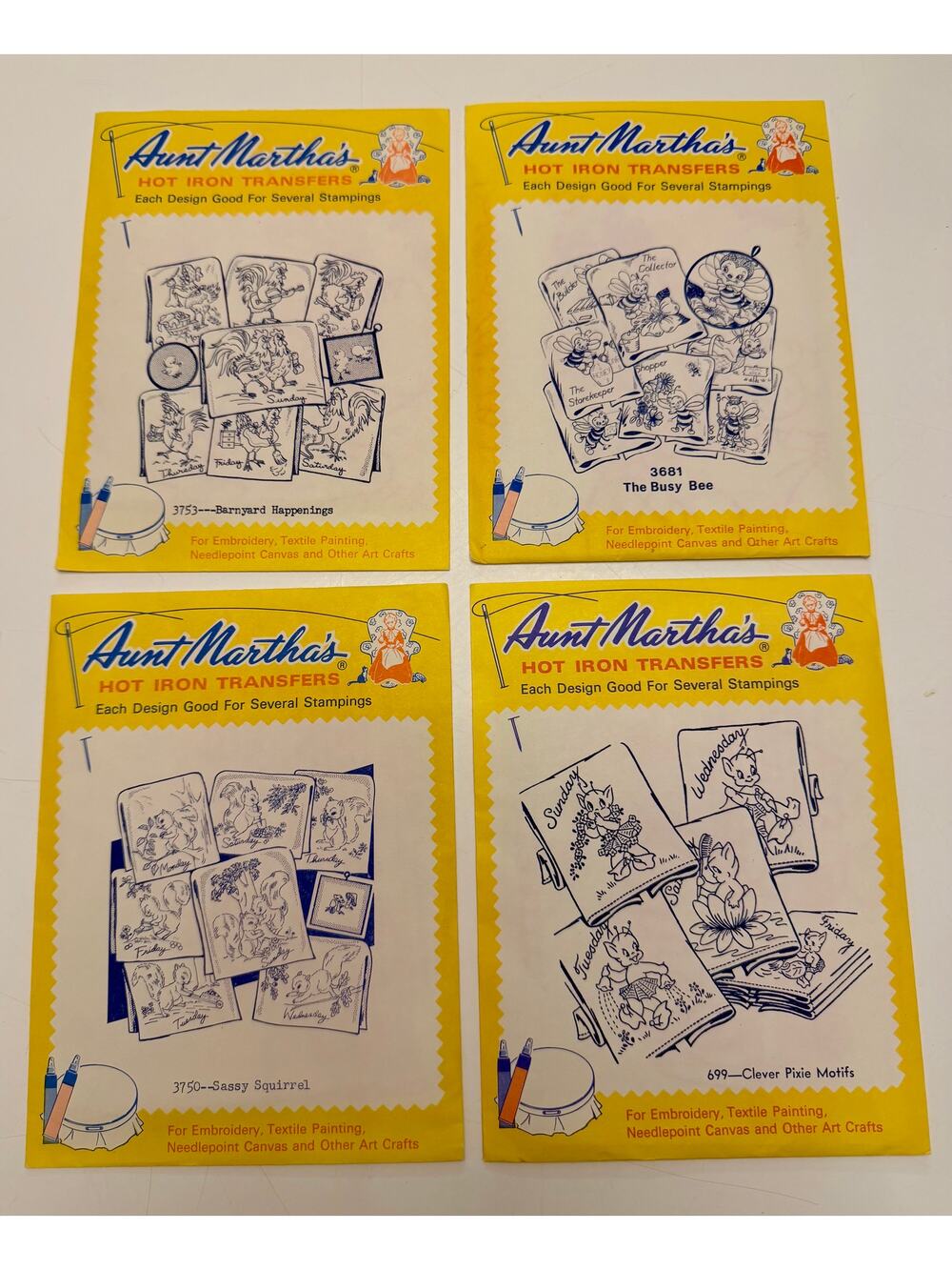 Vintage Aunt Martha’s Hot Iron Transfer Lot 4 Unopened Craft Patterns Embroidery